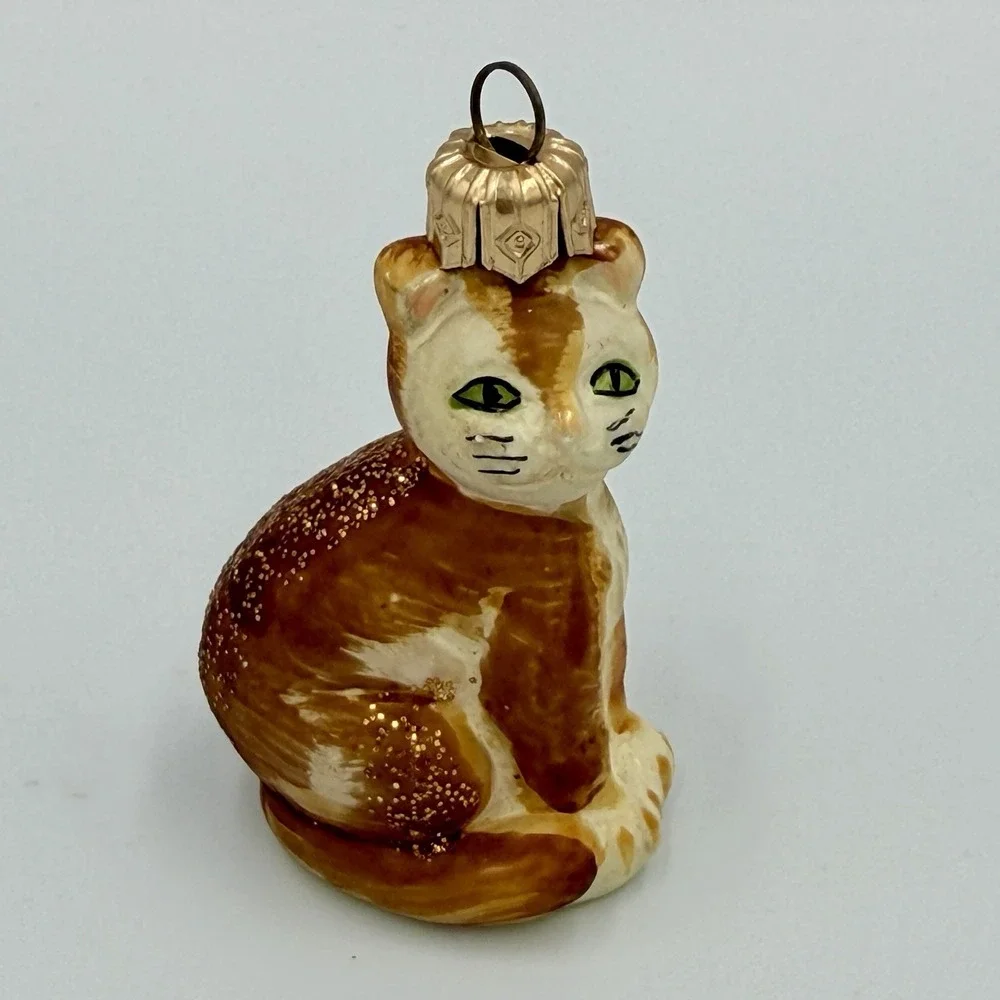 VTG Glass Cat Christmas Ornament Brown White Green Eyes Glitter Kitty 2